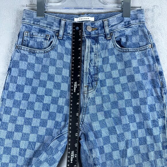 Pacsun Jeans Womens Straight Cropped Plaid Raw Hem 100% Cotton Blue Size W27 - Picture 7 of 10